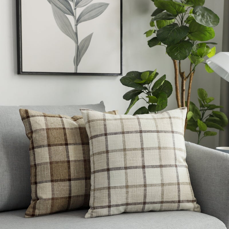 UGS UGASA UGASA Classic Retro Checkered Plaids Cotton Linen Cushion Cover Square Throw Pillow Cover 5 Tone Modern Farmhouse Cushion for Sofa, 18x18 Inch(45cm), Set of 2, Natural + Brown - Image 5